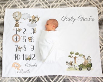 Personalised Baby Milestone Blanket  Safari Animals Printed  Blanket Baby shower Gift Set Nursery room décor Milestone Blanket