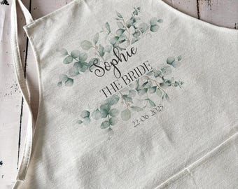 Personalised Eucalyptus Wedding Apron, Custom Bridal Shower Smock and Linen Pinny