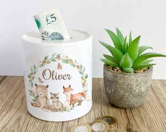 Kids Personalised Woodland Animals Printed  Money Box Jungle  Piggy Bank Savings Pot Coin Jar Nursery décor