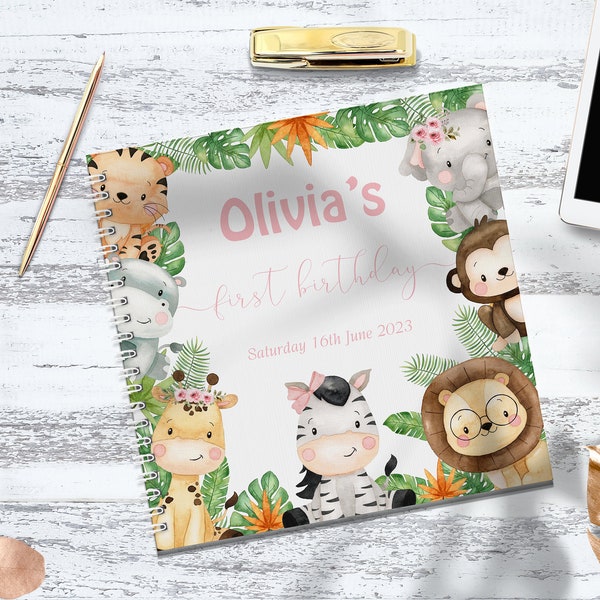 Personalised Safari Animals 1st Birthday Guest Book, Photo Album, Memory Book, Personalised Birthday safari Jungle Guest Book