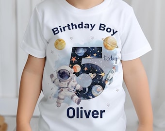 Personalised Kids Astronaut Birthday T-shirt, Party Tee, Matching Birthday Badge