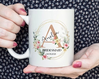 Personalised Rose Gold Floral Initial Mug, Custom Bridesmaid Coaster, Bespoke Cup