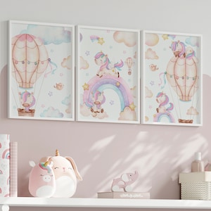 Einhorn Regenbogen Kinderzimmer Drucke 3er Set, personalisierte Baby Zimmer Bilder Poster Dekor Wand Kunst Druck, Regenbogen Kunstdrucke, Babypartygeschenk