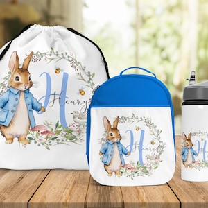 Sac à lunch bleu lapin pour la rentrée des classes, bouteille d'eau, fille, sac à lunch personnalisé, lapin bleu, garçons, école, boîte à lunch isolée pour enfants