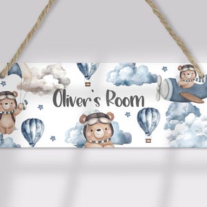 Personalised Aviator Teddy Door Sign Kids Bedroom Sign Nursery Kids Room Name plate  Birthday Gift Hanging  Name Sign Door Hanger