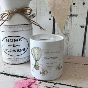 Personalised Christening Ceramic Money Box, Christening Money Box, Christening Gift, Keepsake Piggy Bank, Coin Bank Safari Jungle