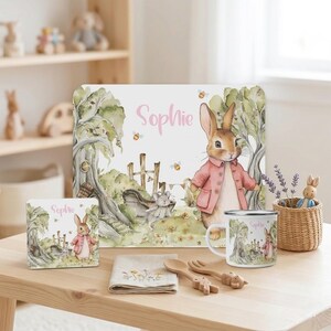 Personalised Pink Rabbit Dinner Set, Kids Enamel Mug Placemat Coaster