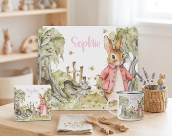 Gepersonaliseerde roze konijnenservies, geëmailleerde kindermok placemat onderzetter