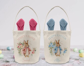 Cesta de Páscoa personalizada com orelhas de coelho, sacola de presente de linho com nome personalizado