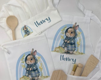 Blue Rabbit Personalised Kids Baking Set, Children's Kit, Apron, Bag Wooden Spoon Rolling Pin Pasty Brush, Stocking Filler, Christmas Gift