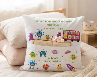 Personalised Monster Book Cushion, Custom Kids Reading Pillow, Fun Creature Pocket Decor