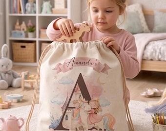 Saco de brinquedos personalizado com tema de unicórnio princesa, bolsa grande de linho com cordão para armazenamento, inicial do nome personalizada.