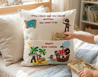 Personalised Pirate Book Cushion, Custom Boys Reading Pillow, Ship Pocket Decor