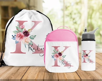 Girls Personalised Initial Name Lunch Bag Water Bottle  Personalised Lunch Bag Girls School Bag, Insulated Kids Lunch Box Back To School