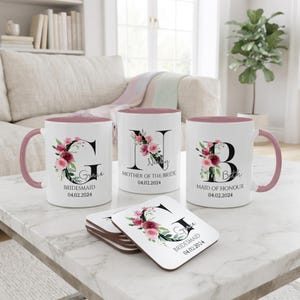 Personalised Floral Initial Mug, Custom Bridesmaid Coaster Set, Bespoke Bridal Gift