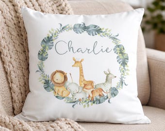 Personalised Baby Name Cushion Cover Safari Animals, Jungle Nursery Pillow, Custom Kids Cushion 40x40