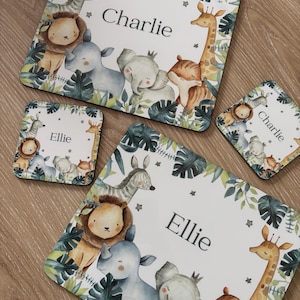 Kids Personalised Wooden Glossy Placemat and Coaster Safari Animals Printed  Placemat and  Coaster Add Your own Name Birthday Gift Idea