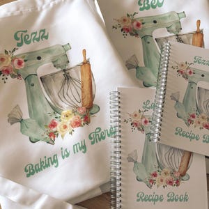 Personalised  Apron, Watercolor Green Baking Gift, Watercolour Flowers Apron Cooking Gift, Gift for Her, Custom Made, Baking is my Therapy