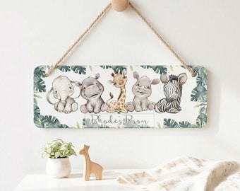 Personalised Safari Animal Door Sign, Custom Jungle Boy Plaque, Kids Leaf Nursery Decor