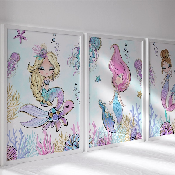Mermaid Art Prints Set Of 3, Personalised Girls Bedroom Pictures Posters Decor Wall Art Print, Mermaid Art Prints, Gift for Her