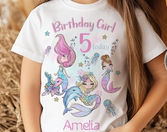 Maglietta personalizzata per compleanno a forma di sirena per bambine, top per feste con nome personalizzato, distintivo abbinato