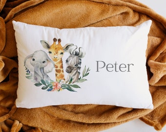 Kids Personalised Safari Jungle  Animals  Printed Pillow Case  Add Your own Name Birthday Gift Idea