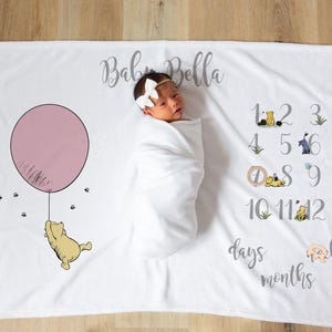 Manta personalizada para hitos de bebé, manta para bebé con osito Pooh, juego de regalo para baby shower, idea de regalo para recién nacido, manta para guardería, manta para hitos