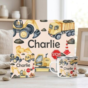Personalised Construction Dining Set, Custom Boys Digger Mug, Truck Table Mat