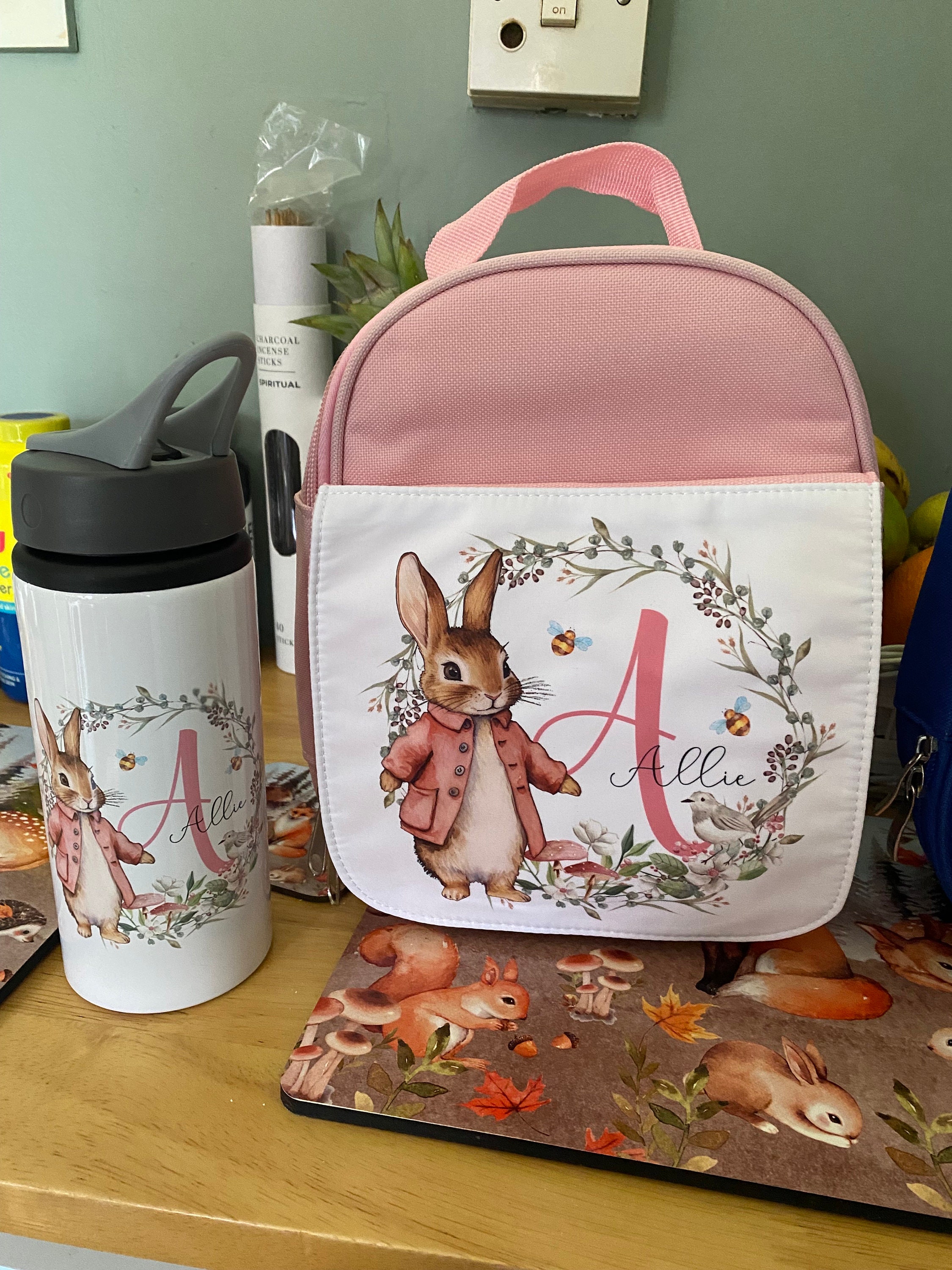 Back To School Pink Rabbit Lunch Bag Water Bottle Girls Personalised Lunch Bag Pink Bunny Girls School Insulated Kids Lunch Box