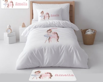 Personalised Ballerina & Pony Printed Kids/Toddler Single Duvet Cover Set, Pillow case, toddler bedding, Kids Duvet Set