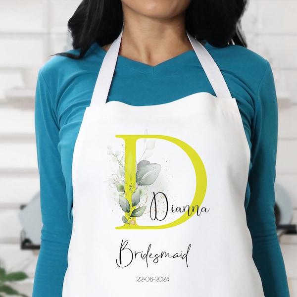 Personalised Initial Eucalyptus Greenery Wedding Apron, Wedding Cover Up, Personalised Apron, Cooking Apron, Bride Gift, Bridesmaid Apron