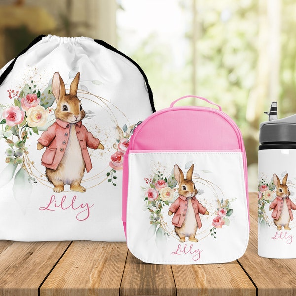 Back To School Pink Rabbit Lunch Bag Water Bottle Girls Personalised Lunch Bag Pink Bunny Girls School Insulated Kids Lunch Box