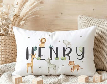 Personalised Safari Animals Pillowcase, Jungle Nursery Decor Custom Name Kids Bedding Watercolour Cushion