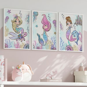 Mermaid Art Prints Set Of 3, Personalised Girls Bedroom Pictures Posters Decor Wall Art Print, Mermaid Art Prints, Gift for Her