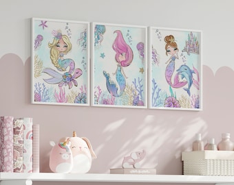 Mermaid Art Prints Set: Girls Bedroom Decor, Under the Sea Wall Art