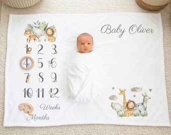 Personalised Safari Baby Milestone Blanket, First Year Photo Prop Keepsake
