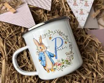 Taza de esmalte de conejo personalizada, chocolate caliente infantil con conejo, taza de camping