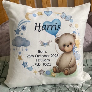Gepersonaliseerde geboorteaankondiging kinderkamerkussenhoes Gepersonaliseerde knuffelbeer knuffelkussen, nieuw babycadeau, kraamcadeau