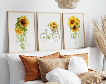 Watercolour Sunflower Bicycle Art Prints Set: Retro Home Decor
