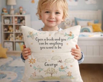 Personalised Kids Reading Pillow, Cars Planes Animals Book Cushion, Nursery Decor, UK Handmade