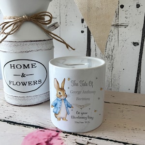 Personalised Christening Ceramic Money Box, Blue Rabbit Money Box, Christening Gift, Keepsake Piggy Bank, Coin Bank Pink rabbit