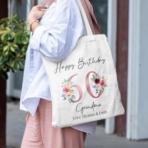 Personalised Age Name Floral Tote Bag Shopper Bag Reusable bag 18th 40th 50th 60th 70th 80th Girls/Mum/Nan/Grandma birthday gift