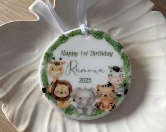 Personalised Safari Animals 1st Birthday Ceramic Ornament, Keepsake Gift
