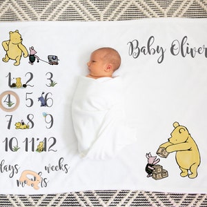 Pooh Bear Personalised Baby Milestone Blanket Pooh Bear Printed  Blanket Baby shower Gift Set Nursery room décor Milestone Blanket