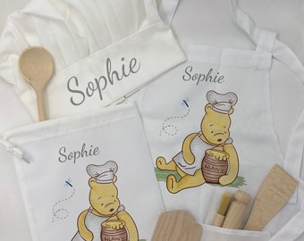 Pooh Bear Personalised Kids Baking Set, Children's Kit, Apron, Bag Wooden Spoon Rolling Pin Pasty Brush, Stocking Filler, Christmas Gift