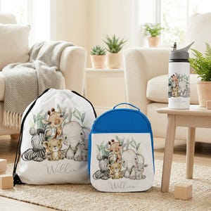 Personalised Safari Kids Lunch Bag, Blue Jungle Water Bottle Set
