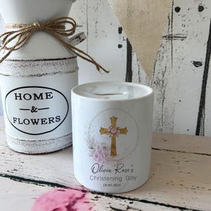 Personalised Christening Ceramic Money Box, Floral Money Box, Christening Gift, Keepsake Piggy Bank, Coin Bank, Pink Floral