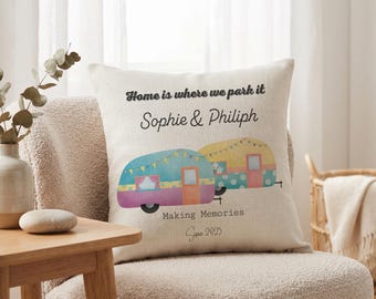 Personalised Caravan Cushion, Custom Couple Campervan Pillow, Bespoke Motorhome Gift