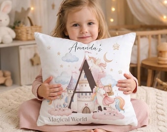 Almofada personalizada com unicórnio princesa, almofada com nome inspirada em castelo de menina mágica