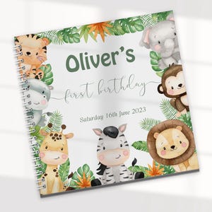 Livro de visitas personalizado para o primeiro aniversário de animais do Safari: álbum de fotos